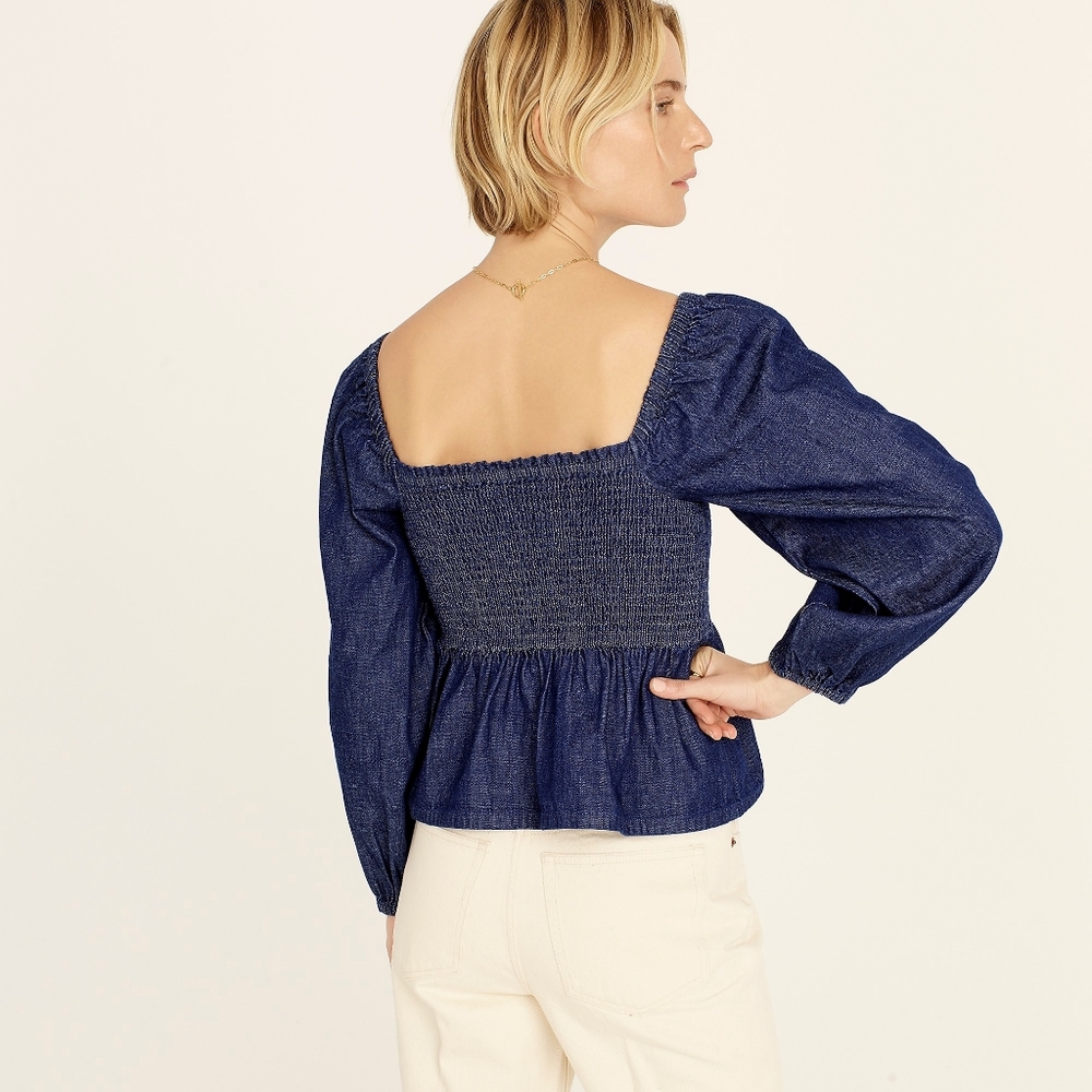 New! J. Crew sz Medium M Denim Chambray Smocked Puff Long Sleeve Top NWT - Picture 3 of 13
